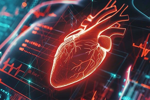 A computer rendering of a human heart appears in front of a heart monitor readout.