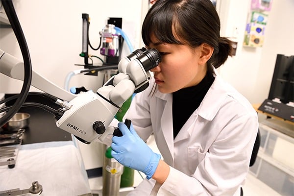 A woman is wearing a lab coat and looking into a microscope.